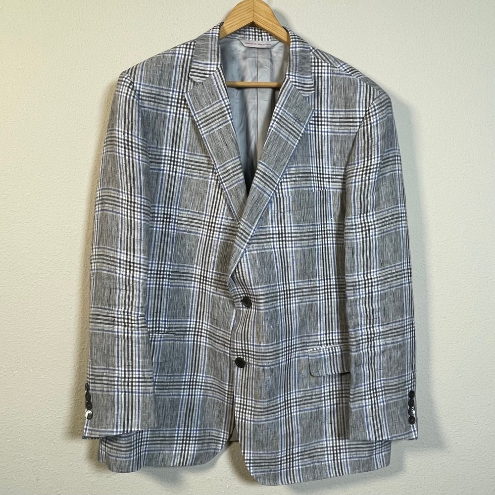 Samuelsohn SB Bennet Mens 48R Grey Blue Plaid 100% Linen Blazer Sport Coat